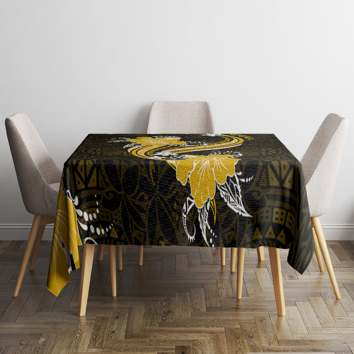 Gold Polynesian Pattern With Tropical Flowers Tablecloth LT05 - Polynesian Pride