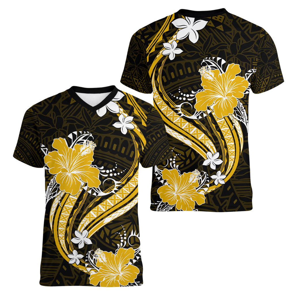 Gold Polynesian Pattern With Tropical Flowers Women V Neck T Shirt LT05 - Polynesian Pride