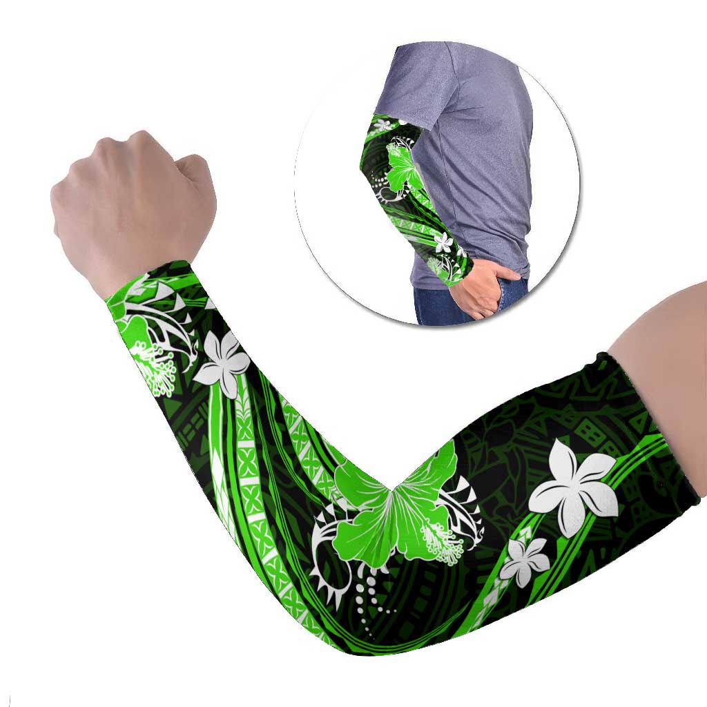 Green Polynesian Pattern With Tropical Flowers Arm Sleeves - Polynesian Pride