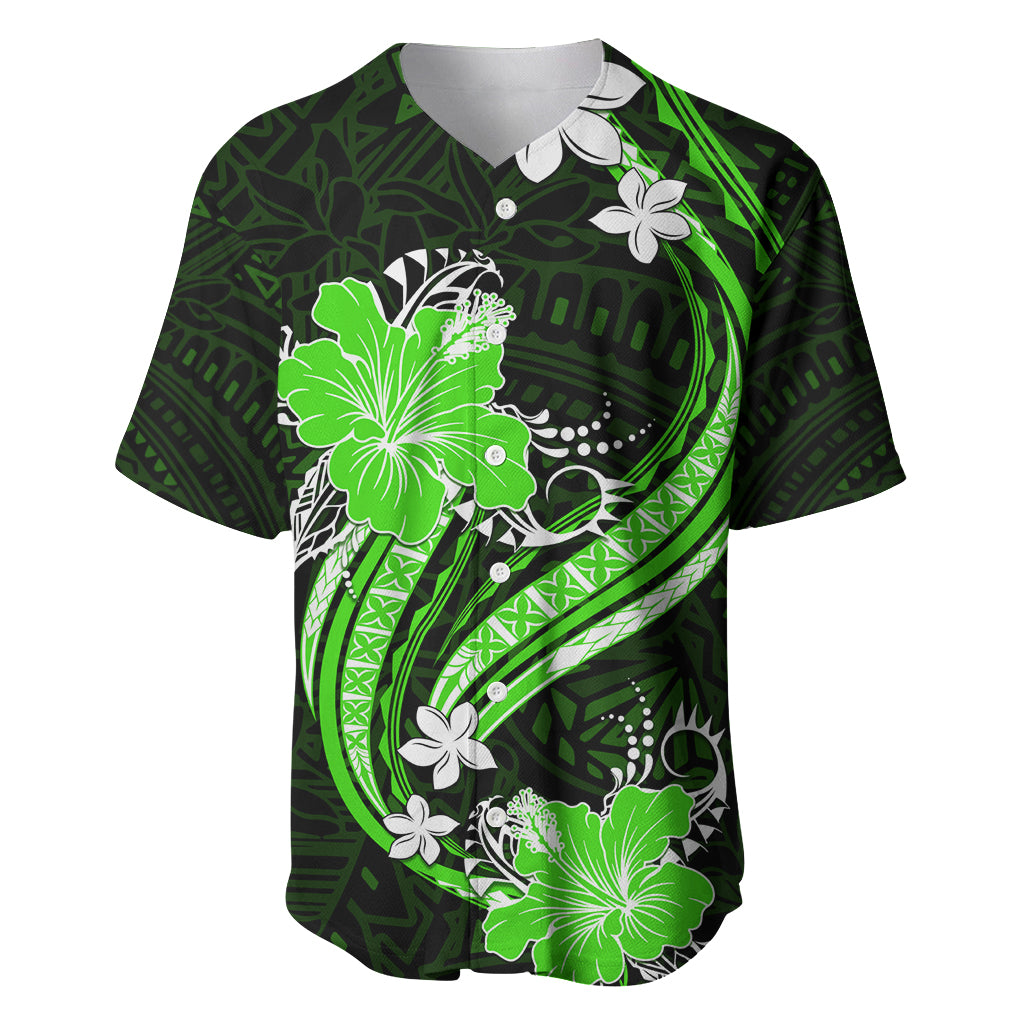 Green Polynesian Pattern With Tropical Flowers Baseball Jersey LT05 Green - Polynesian Pride