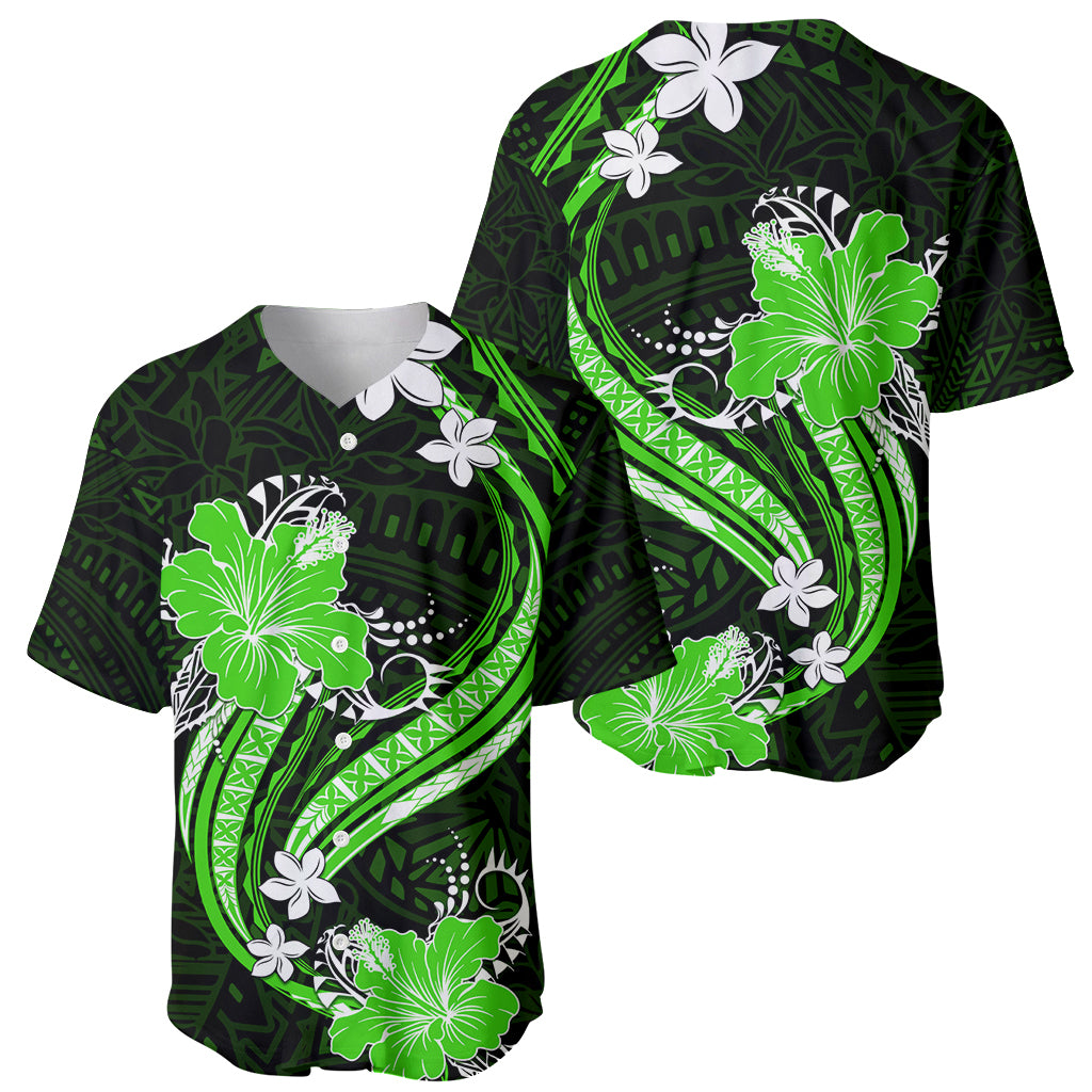 Green Polynesian Pattern With Tropical Flowers Baseball Jersey LT05 - Polynesian Pride