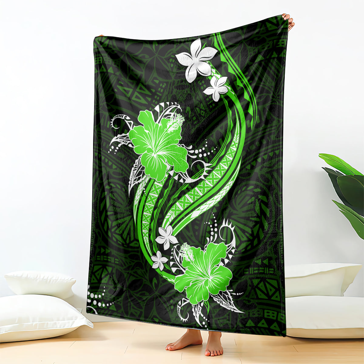 Green Polynesian Pattern With Tropical Flowers Blanket LT05 Green - Polynesian Pride