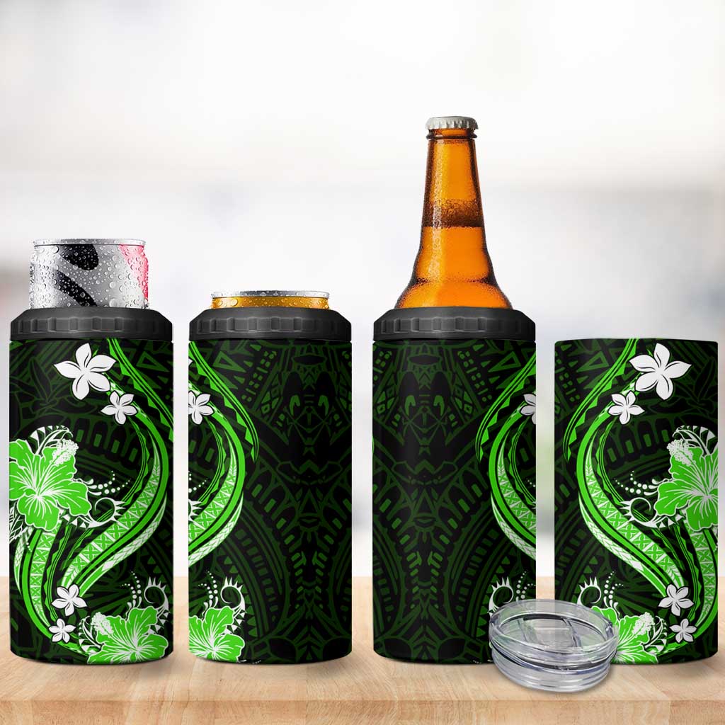 Green Polynesian Pattern With Tropical Flowers 4 in 1 Can Cooler Tumbler