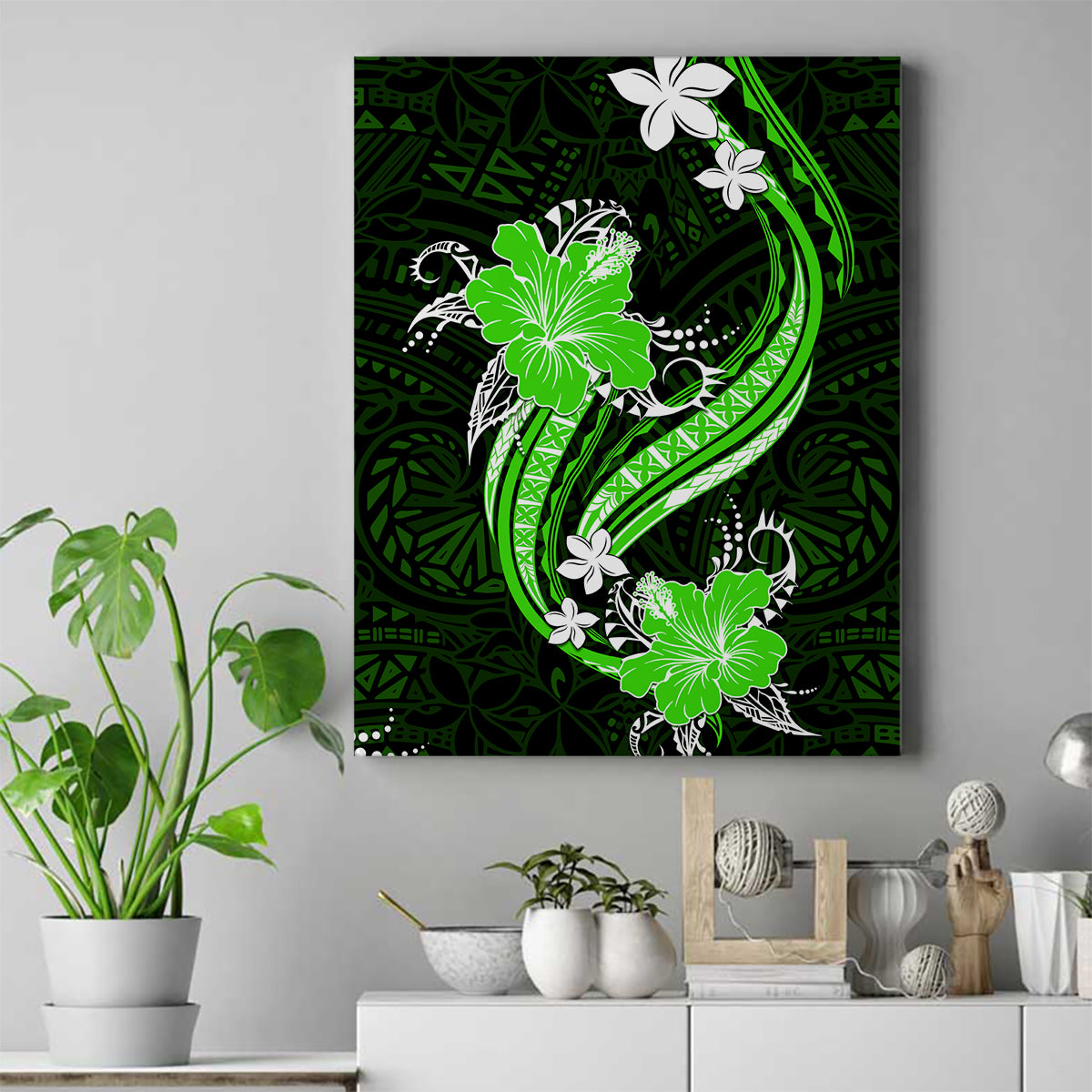 Green Polynesian Pattern With Tropical Flowers Canvas Wall Art LT05 Green - Polynesian Pride