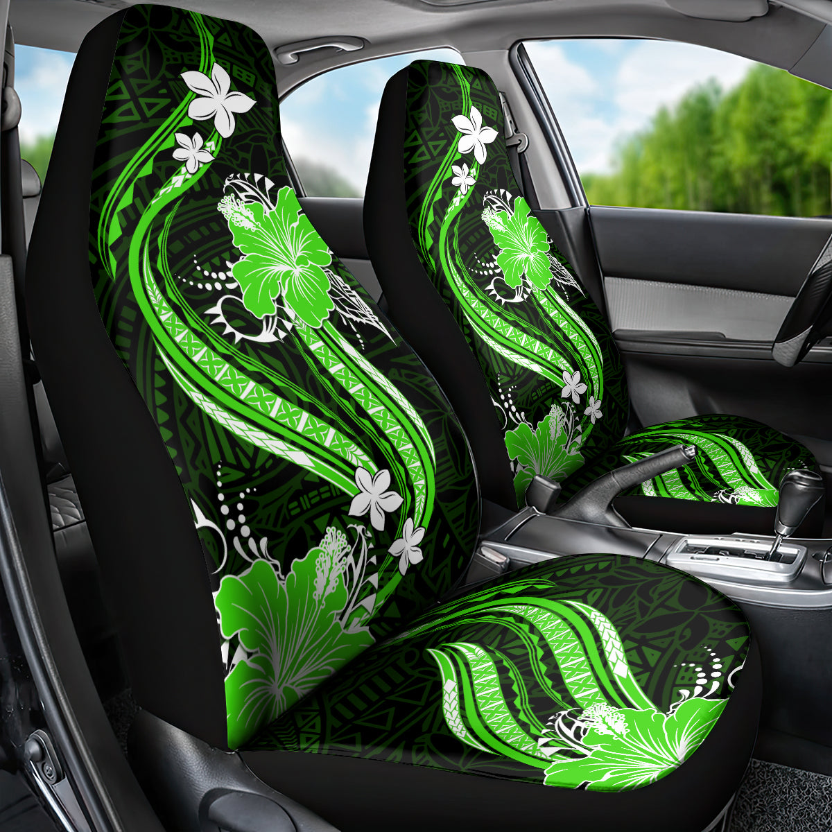 Green Polynesian Pattern With Tropical Flowers Car Seat Cover LT05 - Polynesian Pride