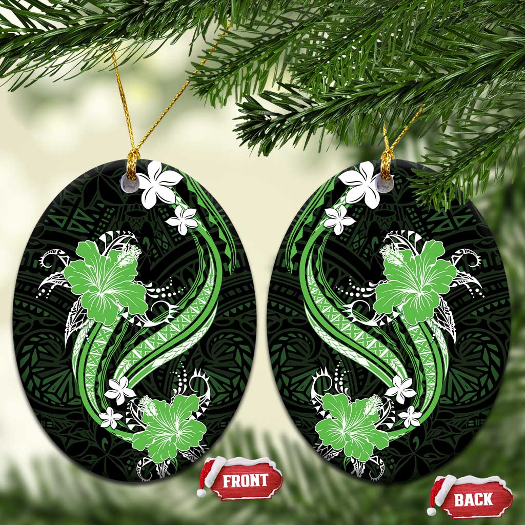 Green Polynesian Pattern With Tropical Flowers Ceramic Ornament LT05 Oval Green - Polynesian Pride
