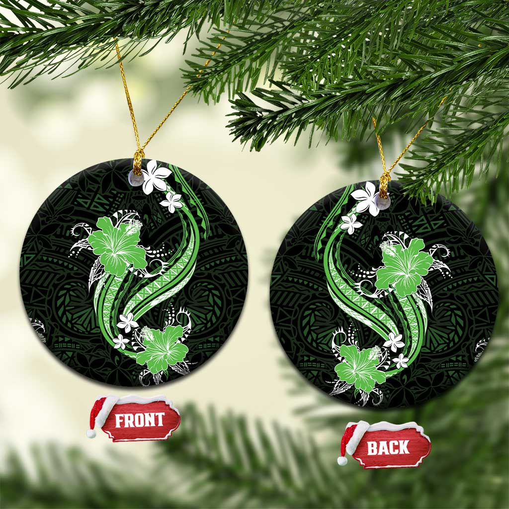 Green Polynesian Pattern With Tropical Flowers Ceramic Ornament LT05 Circle Green - Polynesian Pride