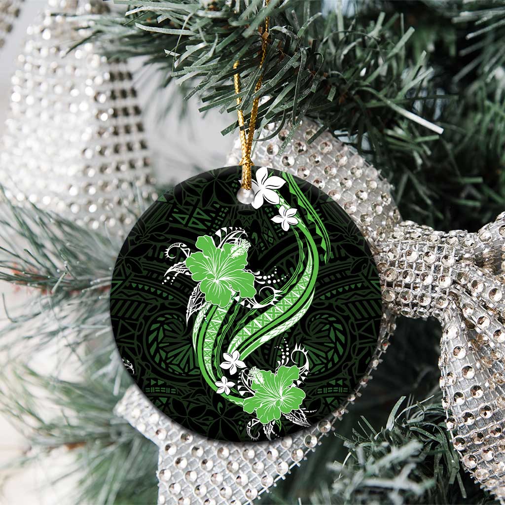 Green Polynesian Pattern With Tropical Flowers Ceramic Ornament LT05 - Polynesian Pride