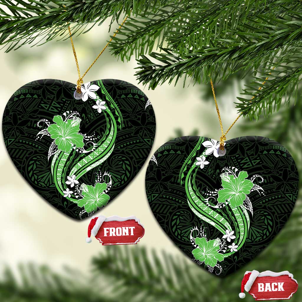 Green Polynesian Pattern With Tropical Flowers Ceramic Ornament LT05 Heart Green - Polynesian Pride