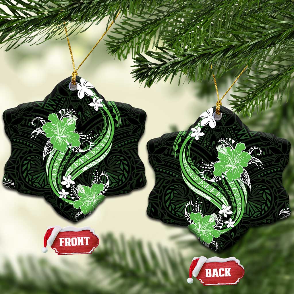 Green Polynesian Pattern With Tropical Flowers Ceramic Ornament LT05 Snow Flake Green - Polynesian Pride