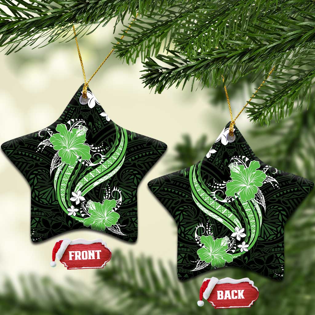 Green Polynesian Pattern With Tropical Flowers Ceramic Ornament LT05 Star Green - Polynesian Pride