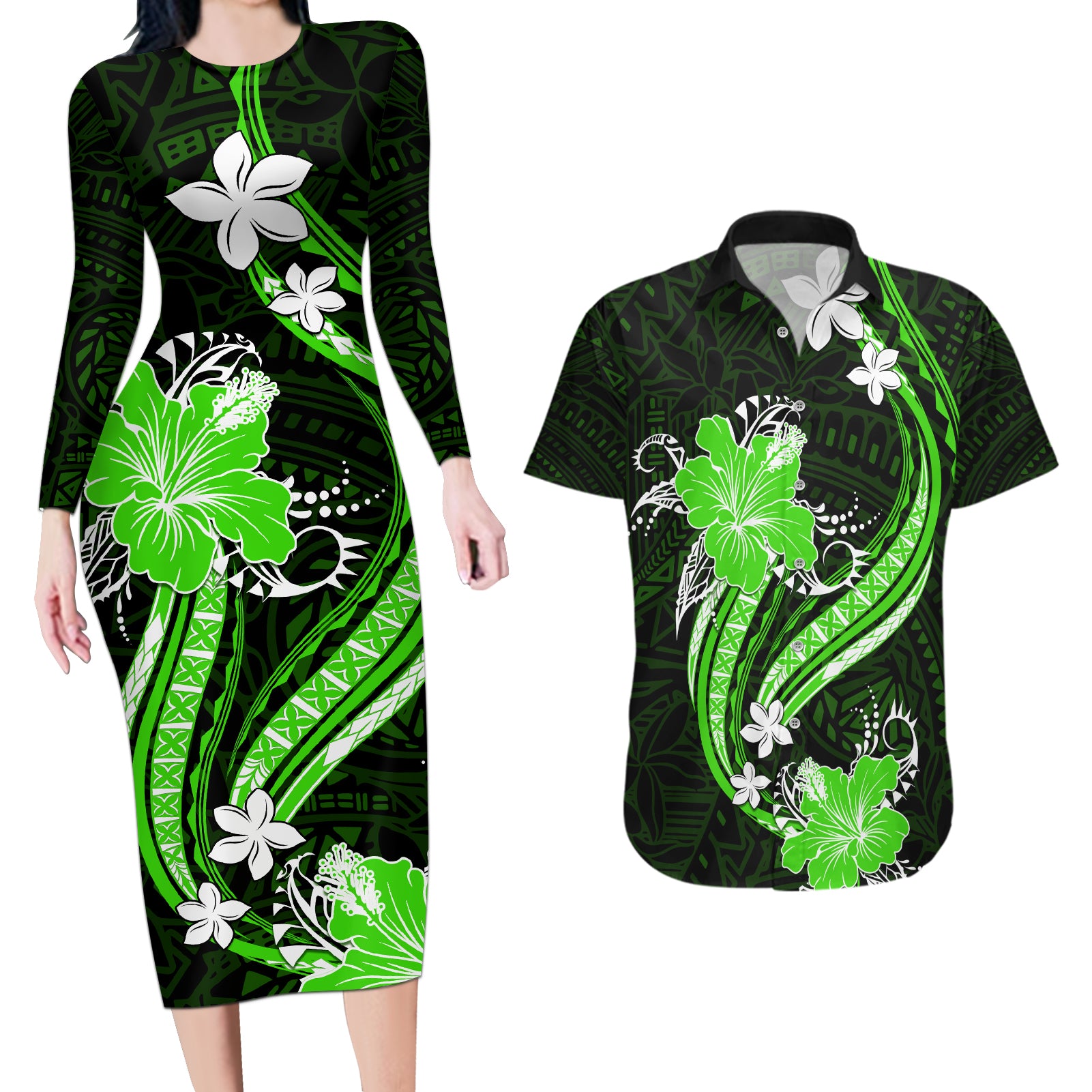 Green Polynesian Pattern With Tropical Flowers Couples Matching Long Sleeve Bodycon Dress and Hawaiian Shirt LT05 Green - Polynesian Pride