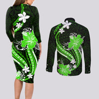 Green Polynesian Pattern With Tropical Flowers Couples Matching Long Sleeve Bodycon Dress and Long Sleeve Button Shirt LT05 - Polynesian Pride