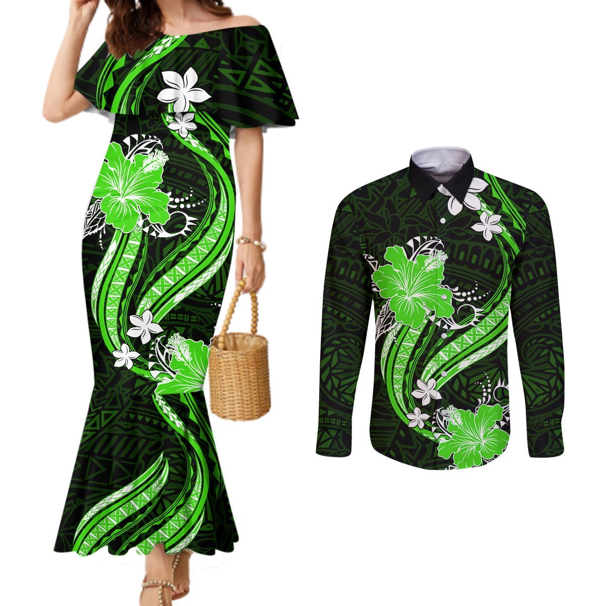 Green Polynesian Pattern With Tropical Flowers Couples Matching Mermaid Dress and Long Sleeve Button Shirt LT05 Green - Polynesian Pride