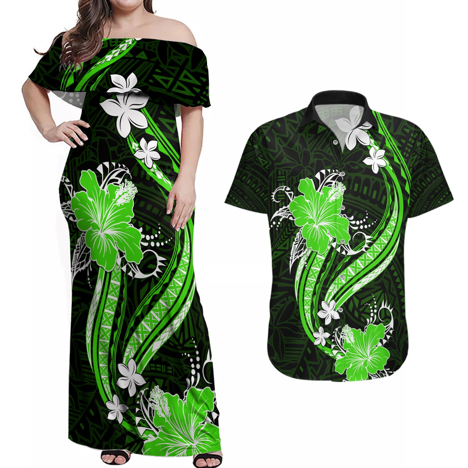 Green Polynesian Pattern With Tropical Flowers Couples Matching Off Shoulder Maxi Dress and Hawaiian Shirt LT05 Green - Polynesian Pride