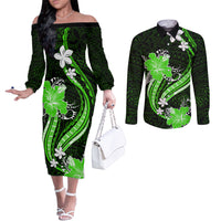 Green Polynesian Pattern With Tropical Flowers Couples Matching Off The Shoulder Long Sleeve Dress and Long Sleeve Button Shirt LT05 Green - Polynesian Pride