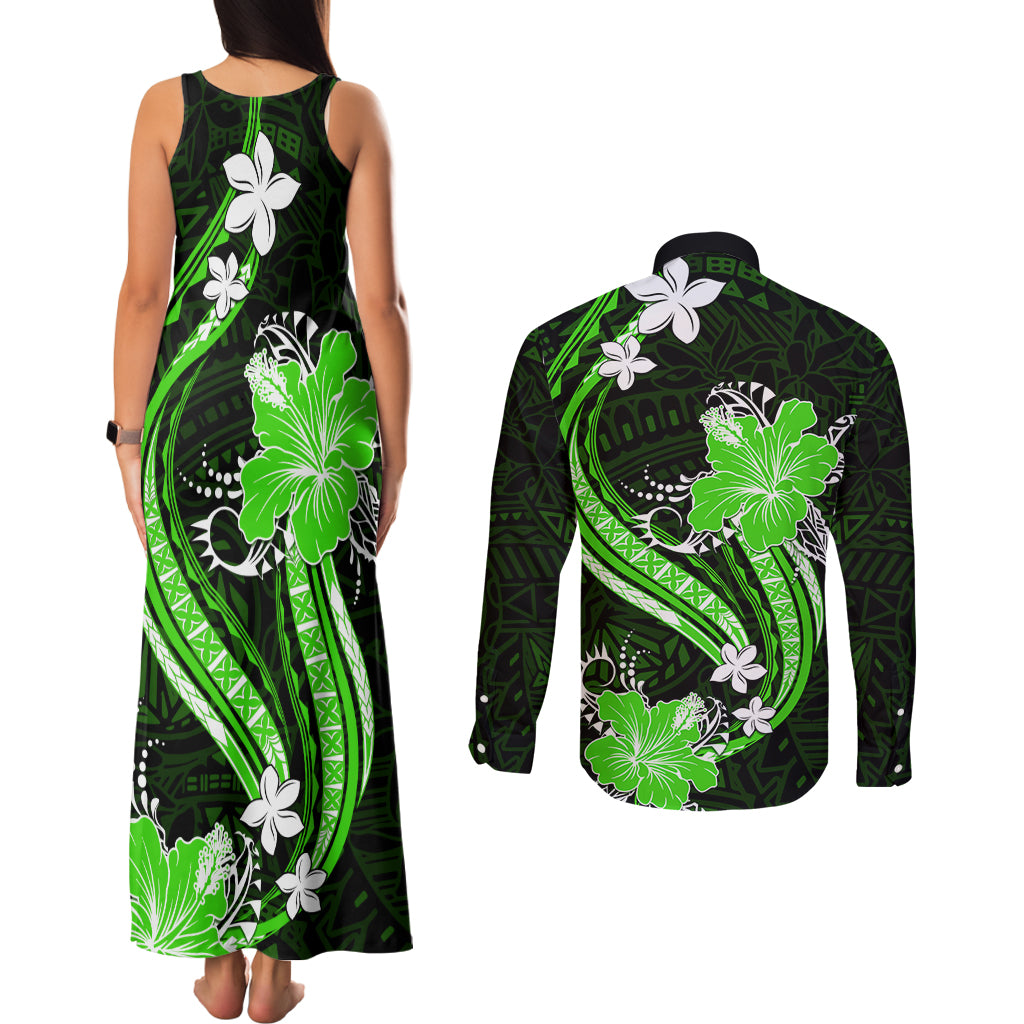 Green Polynesian Pattern With Tropical Flowers Couples Matching Tank Maxi Dress and Long Sleeve Button Shirt LT05 - Polynesian Pride