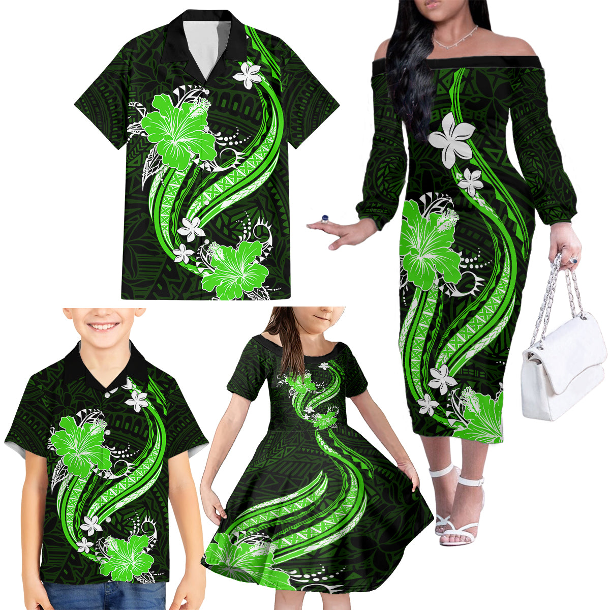 Green Polynesian Pattern With Tropical Flowers Family Matching Off Shoulder Long Sleeve Dress and Hawaiian Shirt LT05 - Polynesian Pride