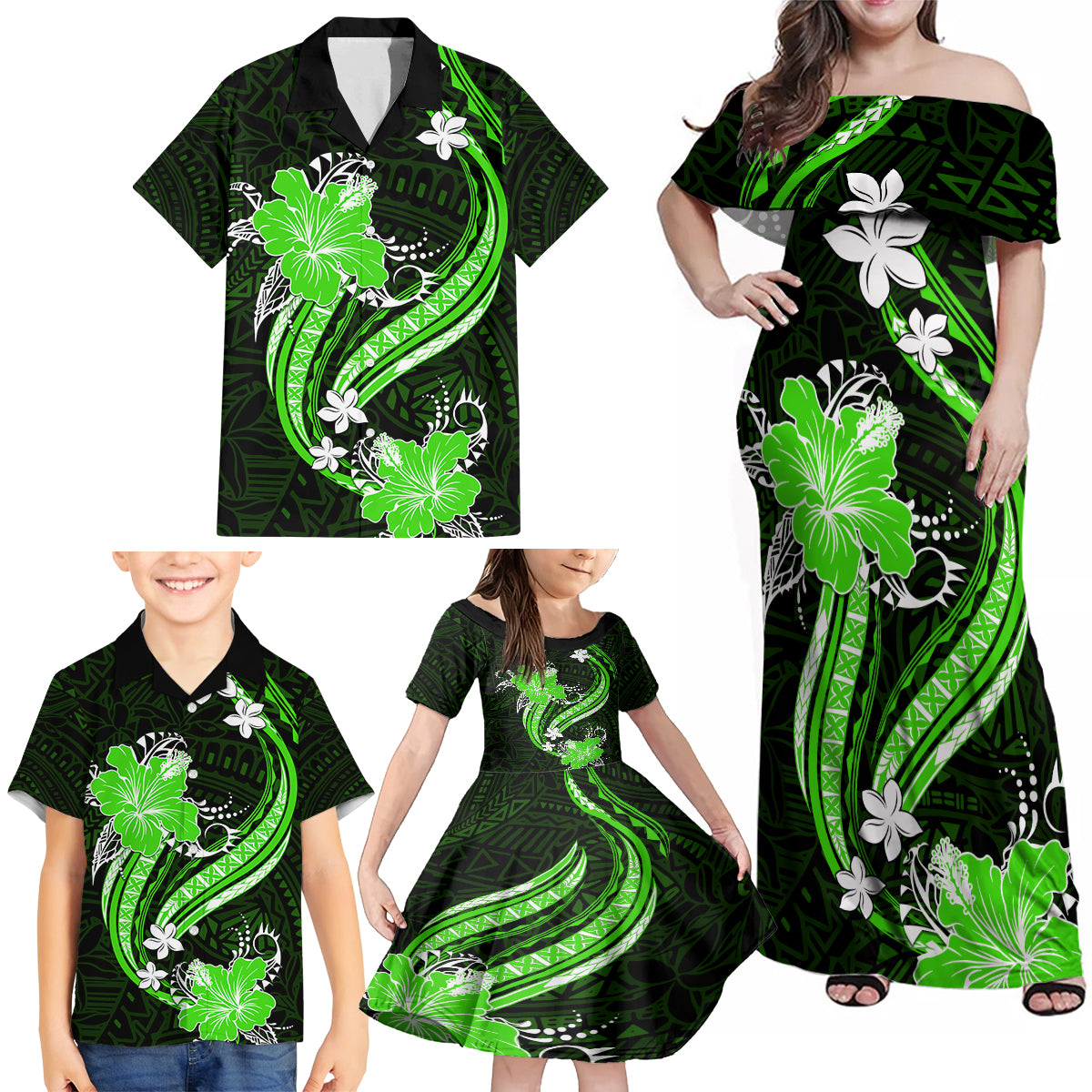 Green Polynesian Pattern With Tropical Flowers Family Matching Off Shoulder Maxi Dress and Hawaiian Shirt LT05 - Polynesian Pride