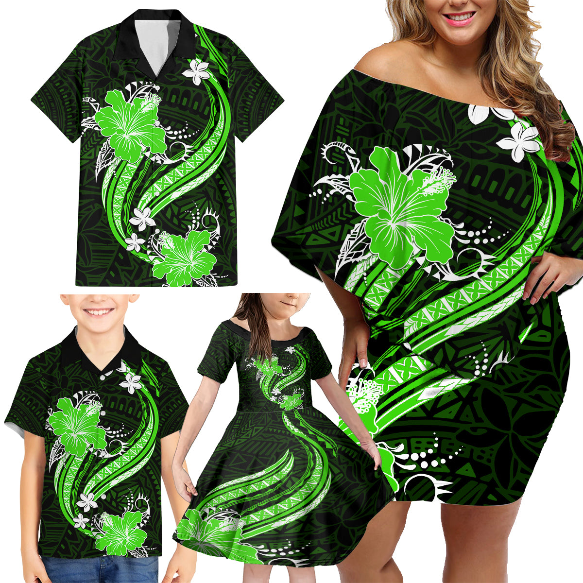 Green Polynesian Pattern With Tropical Flowers Family Matching Off Shoulder Short Dress and Hawaiian Shirt LT05 - Polynesian Pride