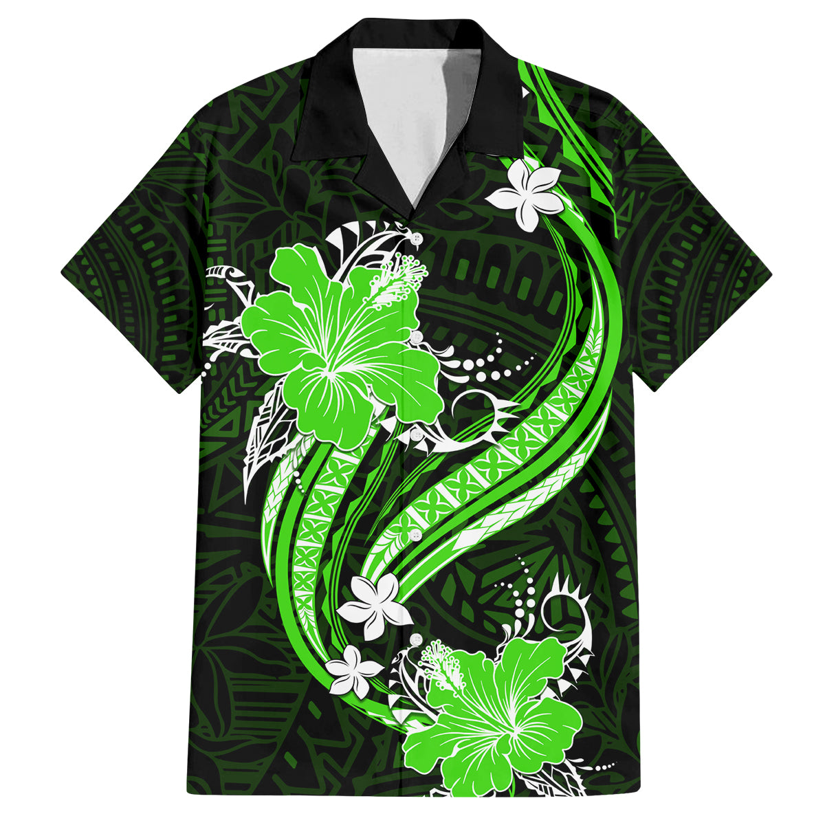 Green Polynesian Pattern With Tropical Flowers Family Matching Off Shoulder Short Dress and Hawaiian Shirt LT05 Dad's Shirt - Short Sleeve Green - Polynesian Pride