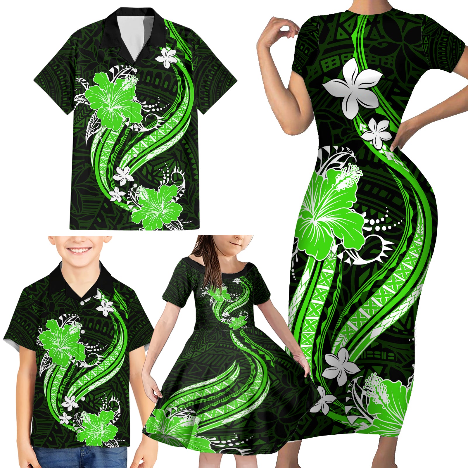 Green Polynesian Pattern With Tropical Flowers Family Matching Short Sleeve Bodycon Dress and Hawaiian Shirt LT05 - Polynesian Pride