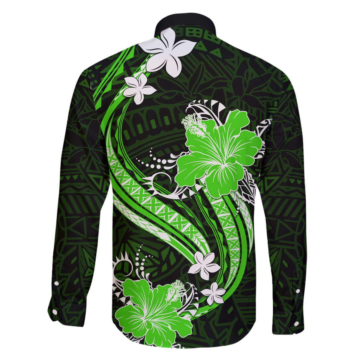 Green Polynesian Pattern With Tropical Flowers Family Matching Short Sleeve Bodycon Dress and Hawaiian Shirt LT05 - Polynesian Pride