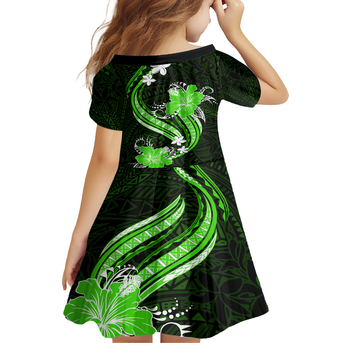 Green Polynesian Pattern With Tropical Flowers Family Matching Summer Maxi Dress and Hawaiian Shirt LT05 - Polynesian Pride