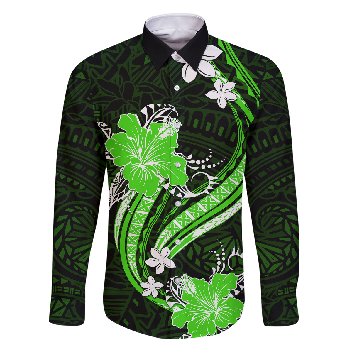 Green Polynesian Pattern With Tropical Flowers Family Matching Summer Maxi Dress and Hawaiian Shirt LT05 Dad's Shirt - Long Sleeve Green - Polynesian Pride