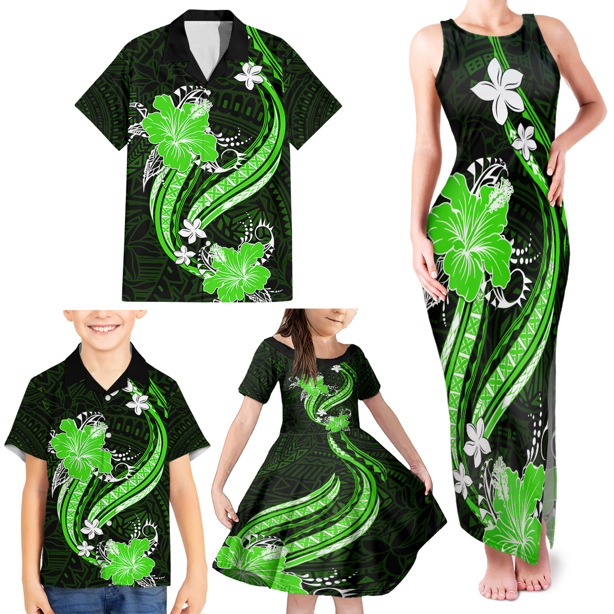 Green Polynesian Pattern With Tropical Flowers Family Matching Tank Maxi Dress and Hawaiian Shirt LT05 - Polynesian Pride