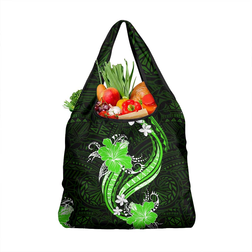 Green Polynesian Pattern With Tropical Flowers Grocery Bag