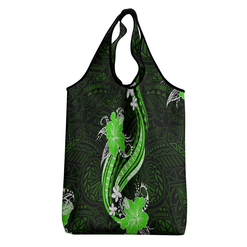 Green Polynesian Pattern With Tropical Flowers Grocery Bag