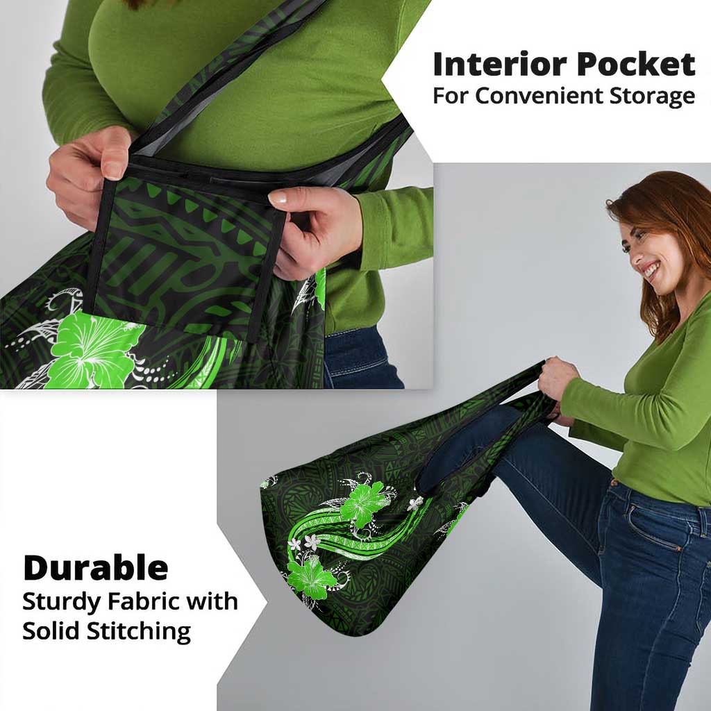 Green Polynesian Pattern With Tropical Flowers Grocery Bag