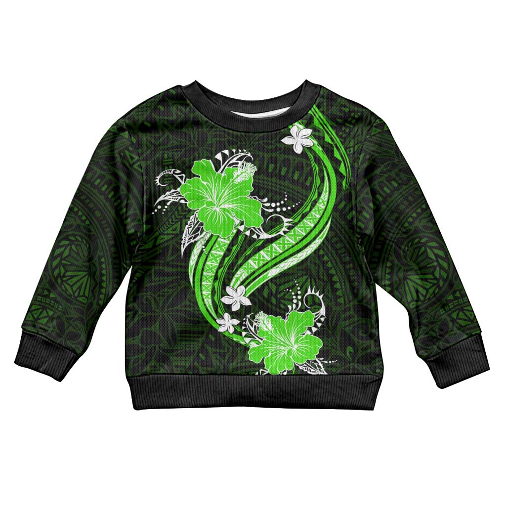 Green Polynesian Pattern With Tropical Flowers Kid Ugly Christmas Sweater