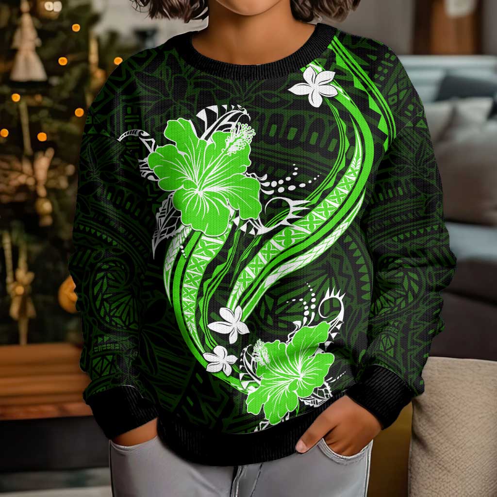 Green Polynesian Pattern With Tropical Flowers Kid Ugly Christmas Sweater