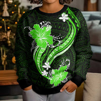 Green Polynesian Pattern With Tropical Flowers Kid Ugly Christmas Sweater