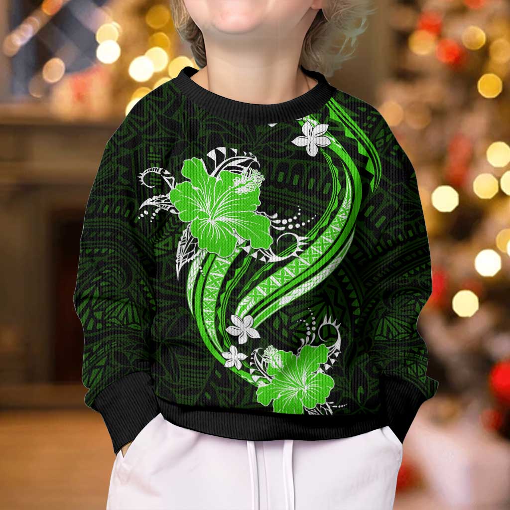 Green Polynesian Pattern With Tropical Flowers Kid Ugly Christmas Sweater
