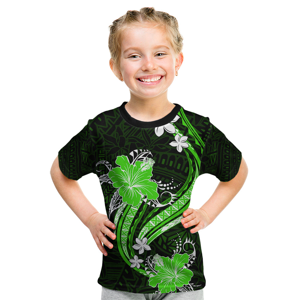 Green Polynesian Pattern With Tropical Flowers Kid T Shirt LT05 Green - Polynesian Pride