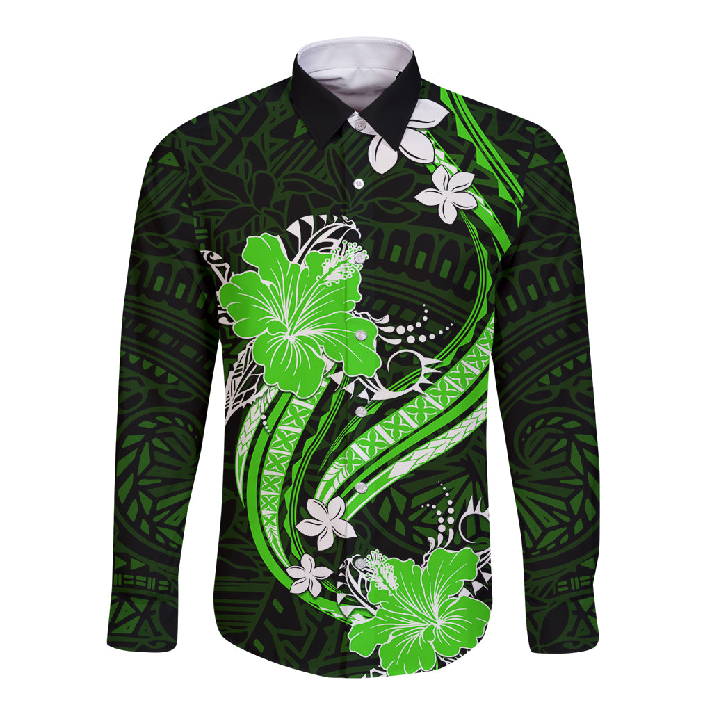 Green Polynesian Pattern With Tropical Flowers Long Sleeve Button Shirt LT05 Unisex Green - Polynesian Pride