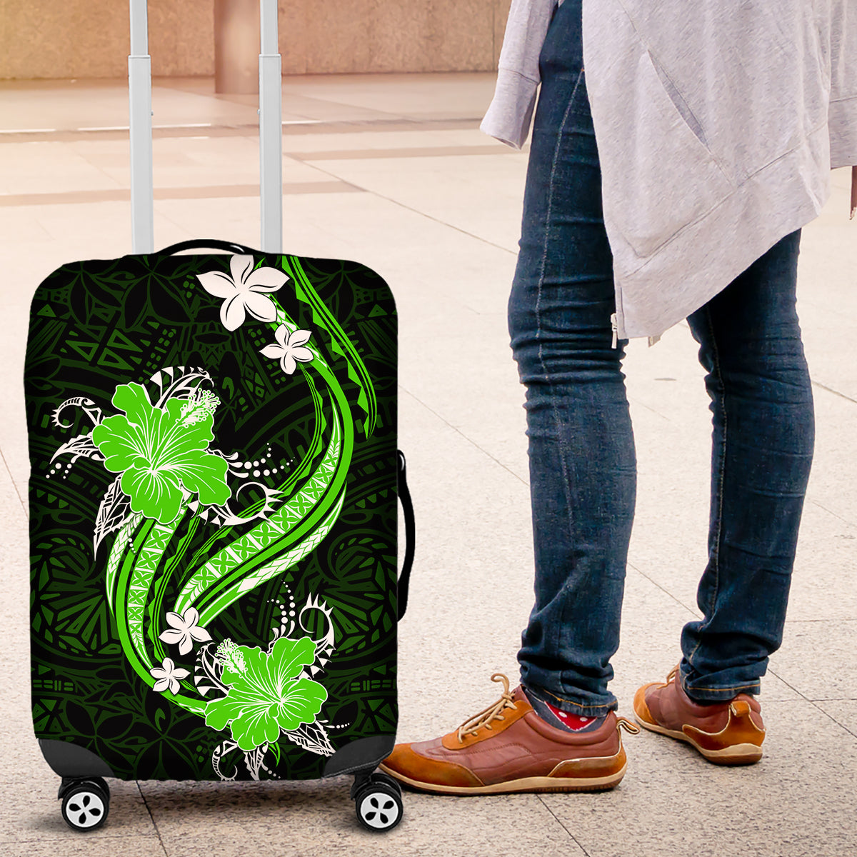 Green Polynesian Pattern With Tropical Flowers Luggage Cover LT05 Green - Polynesian Pride