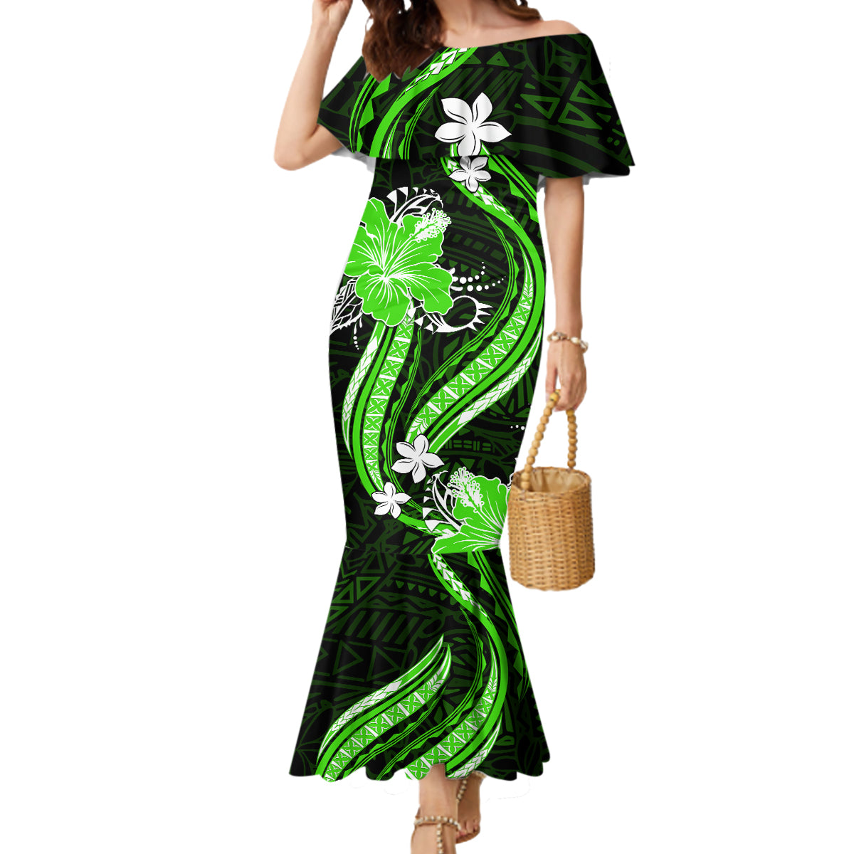 Green Polynesian Pattern With Tropical Flowers Mermaid Dress LT05 Women Green - Polynesian Pride