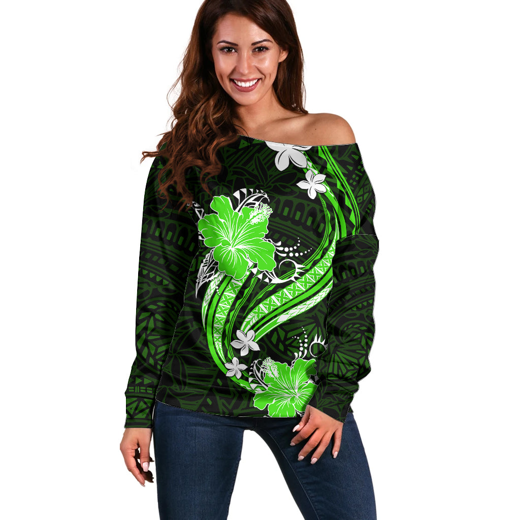 Green Polynesian Pattern With Tropical Flowers Off Shoulder Sweater LT05 Women Green - Polynesian Pride