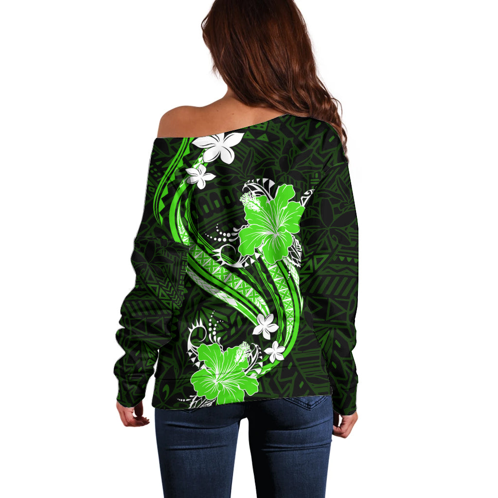 Green Polynesian Pattern With Tropical Flowers Off Shoulder Sweater LT05 - Polynesian Pride