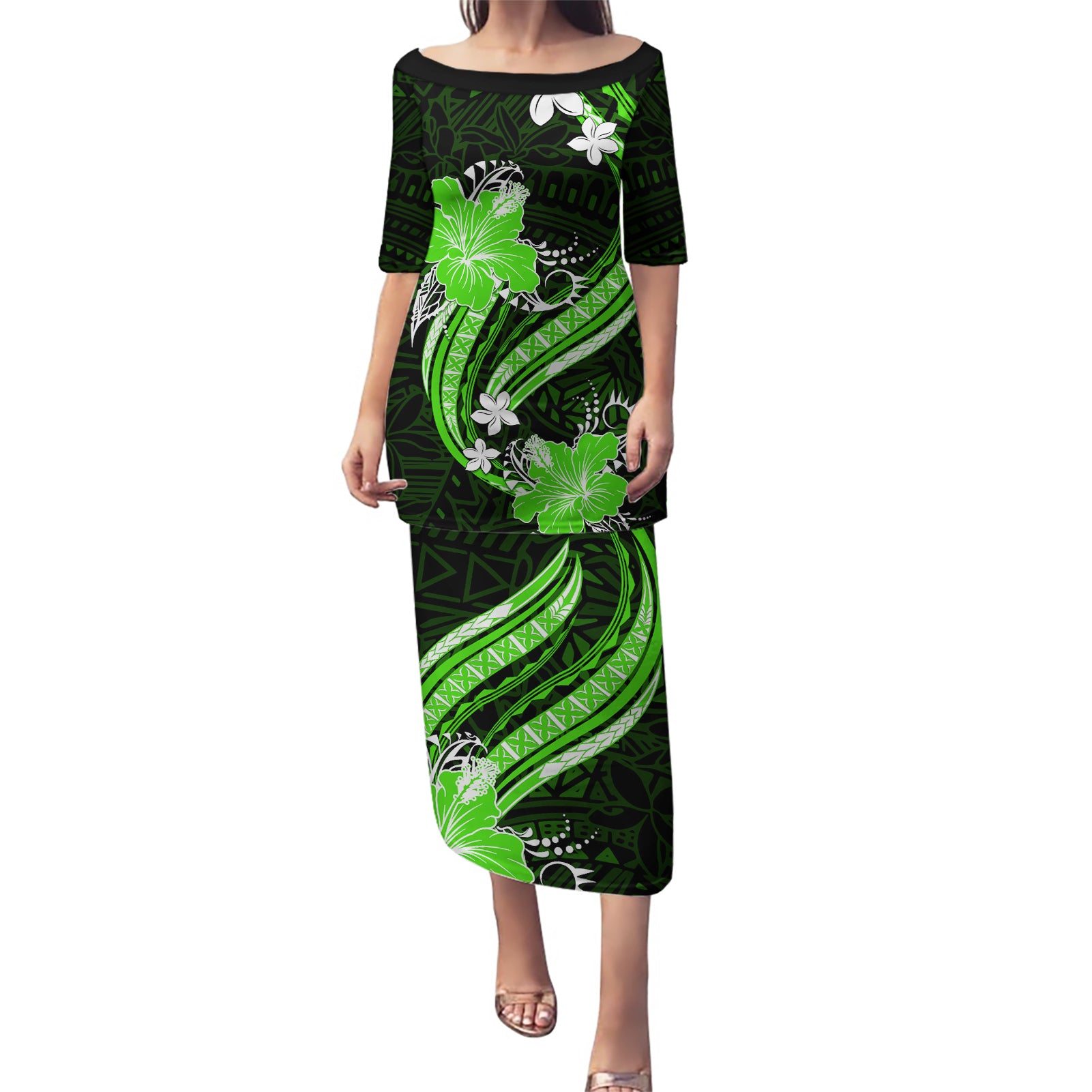 Green Polynesian Pattern With Tropical Flowers Puletasi LT05 Long Dress Green - Polynesian Pride