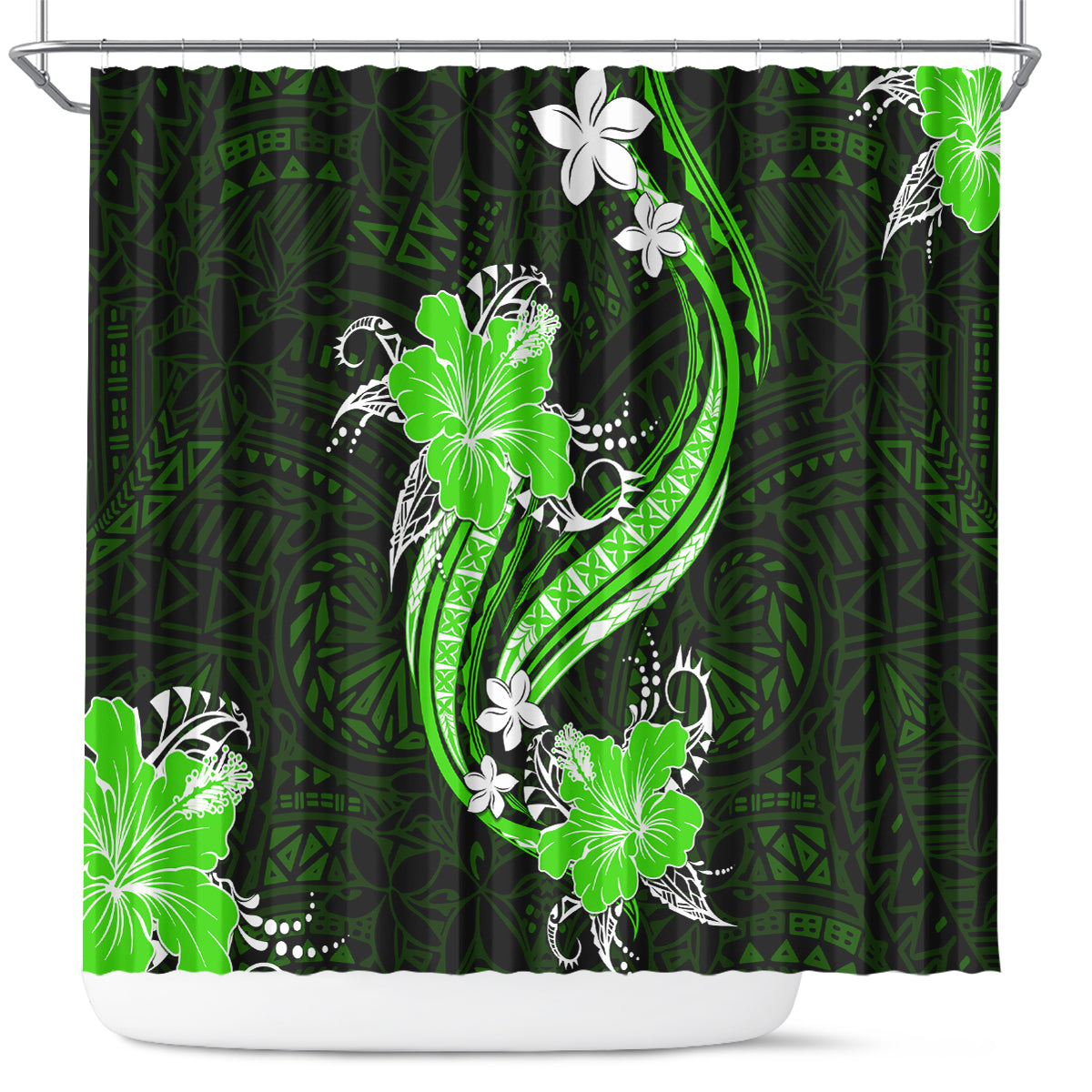 Green Polynesian Pattern With Tropical Flowers Shower Curtain LT05 Green - Polynesian Pride