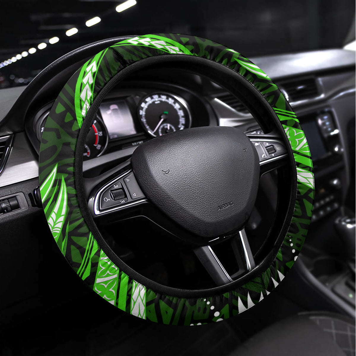 Green Polynesian Pattern With Tropical Flowers Steering Wheel Cover LT05 Universal Fit Green - Polynesian Pride