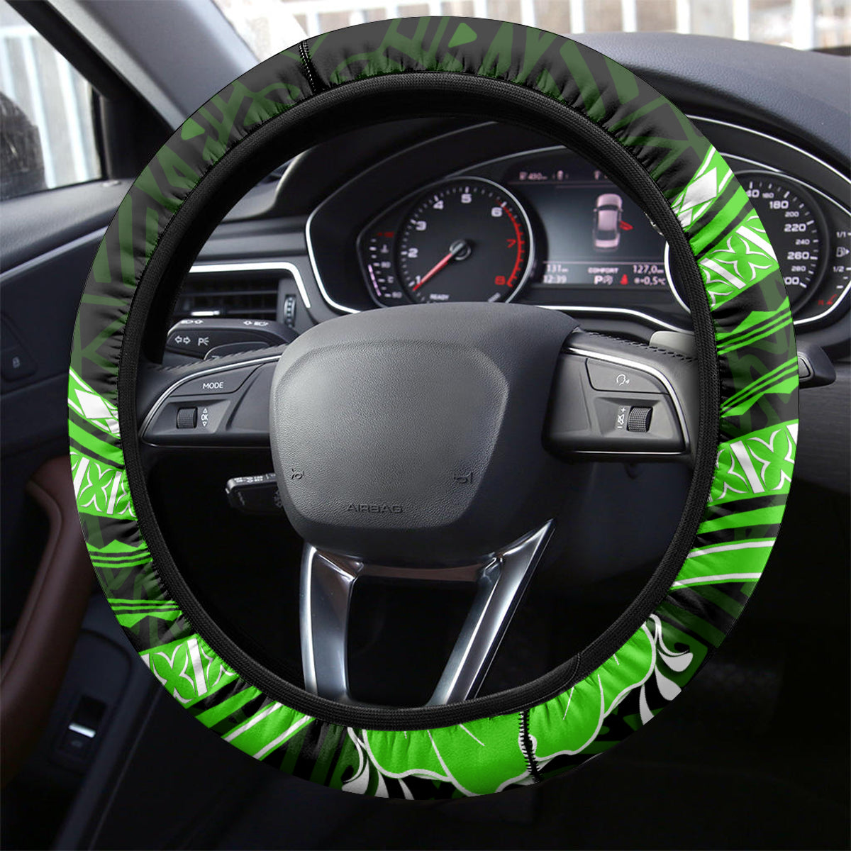 Green Polynesian Pattern With Tropical Flowers Steering Wheel Cover LT05 - Polynesian Pride
