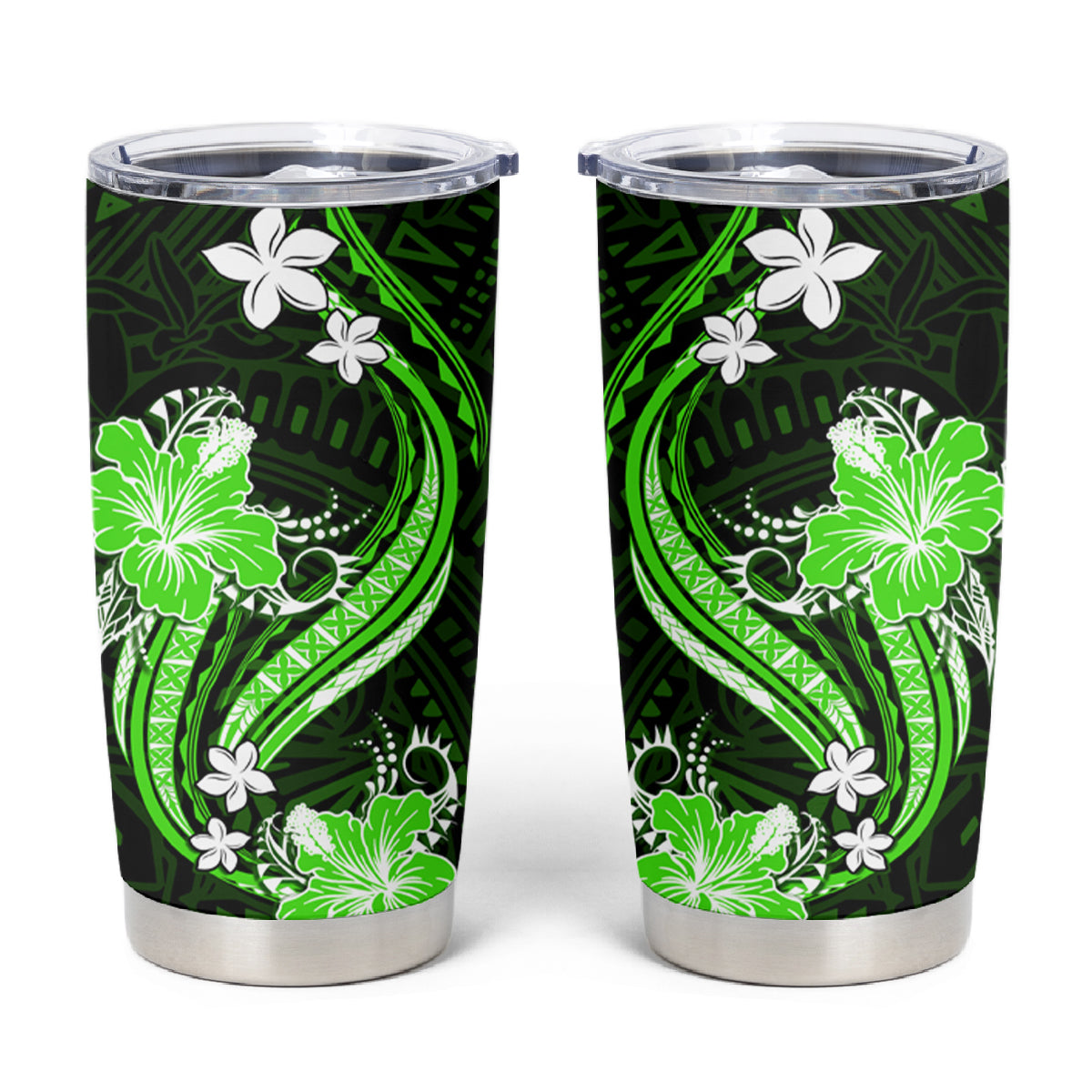 Green Polynesian Pattern With Tropical Flowers Tumbler Cup