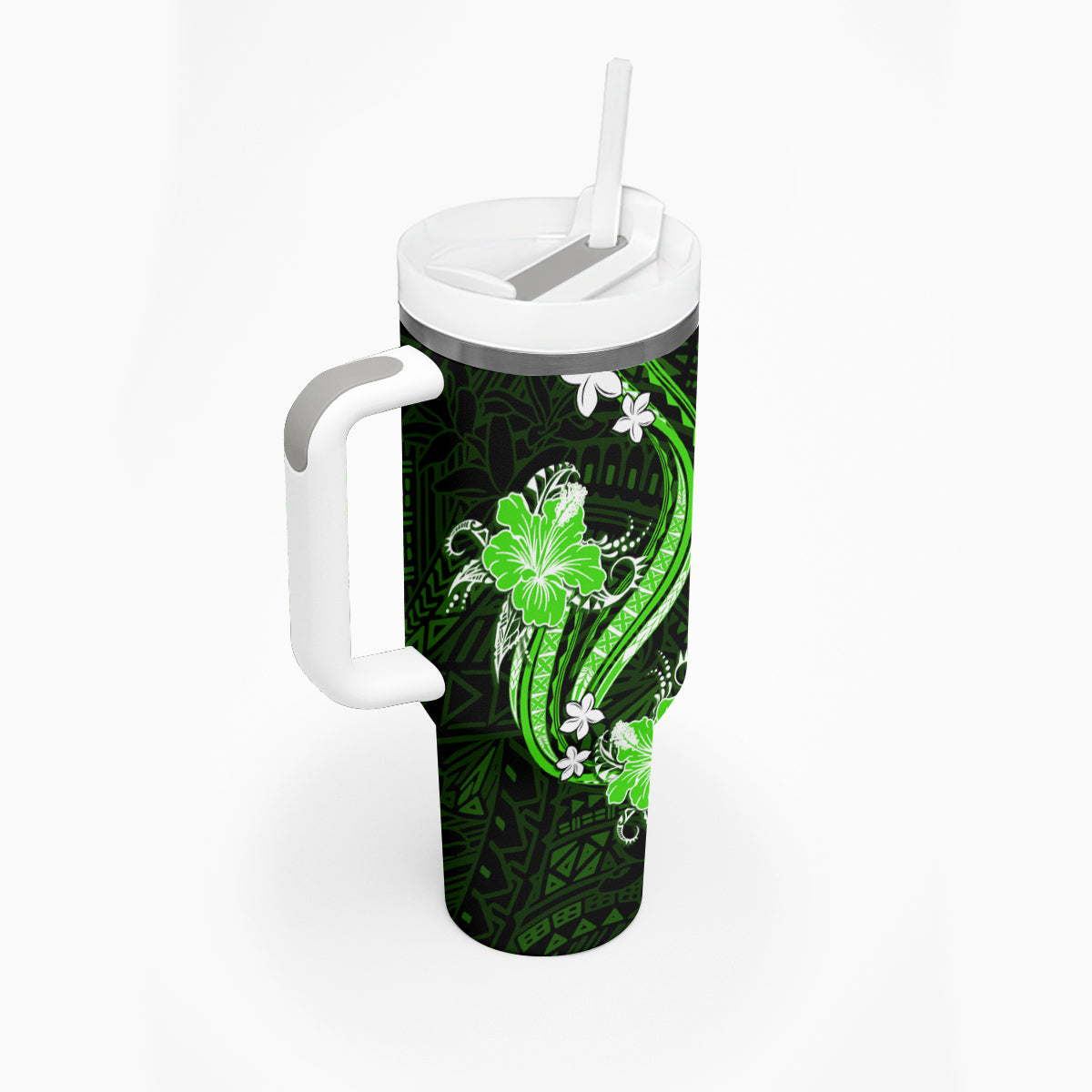 Green Polynesian Pattern With Tropical Flowers Tumbler With Handle