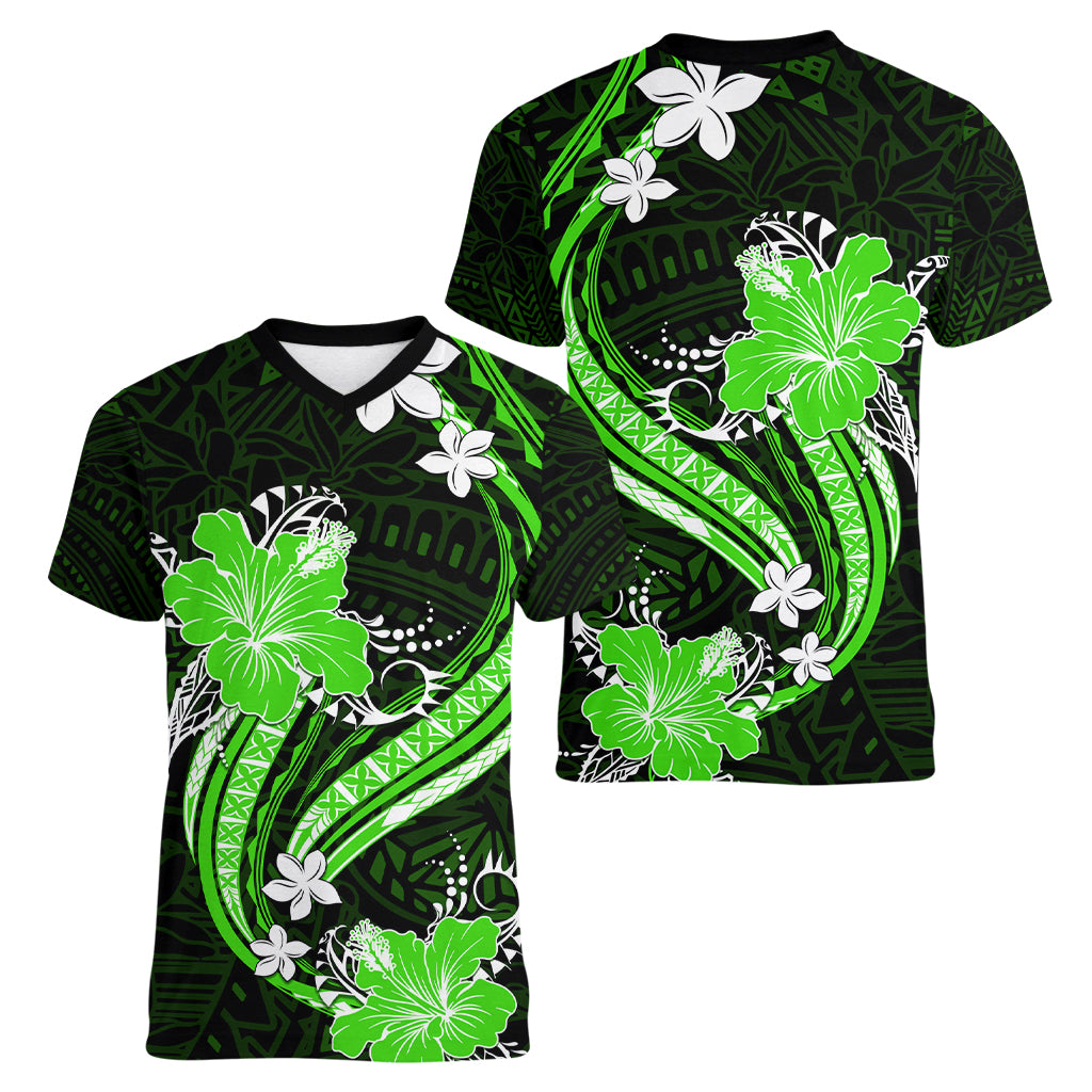 Green Polynesian Pattern With Tropical Flowers Women V Neck T Shirt LT05 - Polynesian Pride